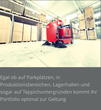 Egal ob auf Parkplätzen, in Produktionsbereichen, Lagerhallen und sogar auf Teppichuntergründen kommt Ihr Portfolio optimal zur Geltung