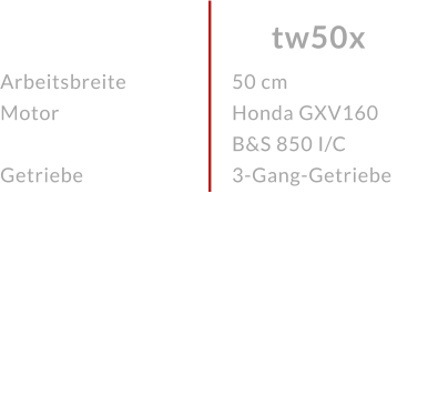 ArbeitsbreiteMotor  Getriebe tw50x 50 cmHonda GXV160 B&S 850 I/C 3-Gang-Getriebe