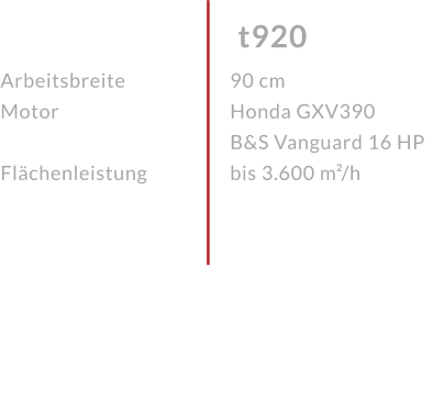 Arbeitsbreite Motor  Flächenleistung t920 90 cm Honda GXV390 B&S Vanguard 16 HP bis 3.600 m²/h