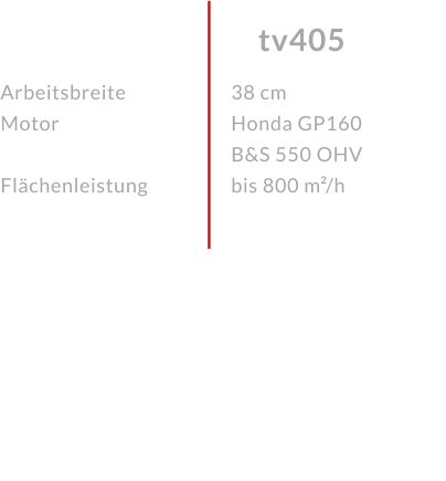 ArbeitsbreiteMotor  Flächenleistung tv405 38 cmHonda GP160 B&S 550 OHV bis 800 m²/h