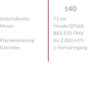 ArbeitsbreiteMotor  FlächenleistungGetriebe t40 71 cmHonda GP160 B&S 550 OHVbis 2.000 m²/h1 Vorwärtsgang