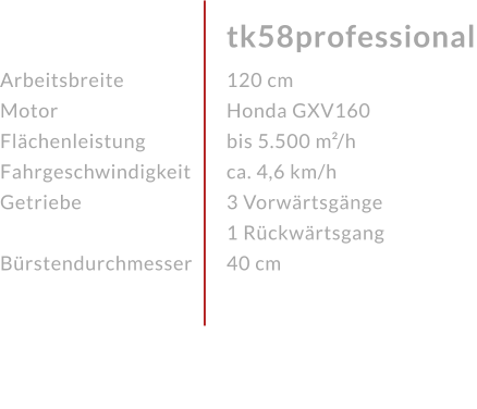 ArbeitsbreiteMotor FlächenleistungFahrgeschwindigkeitGetriebe Bürstendurchmesser tk58professional 120 cmHonda GXV160 bis 5.500 m²/h ca. 4,6 km/h3 Vorwärtsgänge 1 Rückwärtsgang40 cm